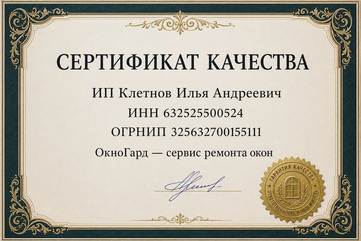 Сертификат качества ОкноГард — ИП Клетнов Илья Андреевич, ИНН 632525500524, ОГРНИП 325632700155111