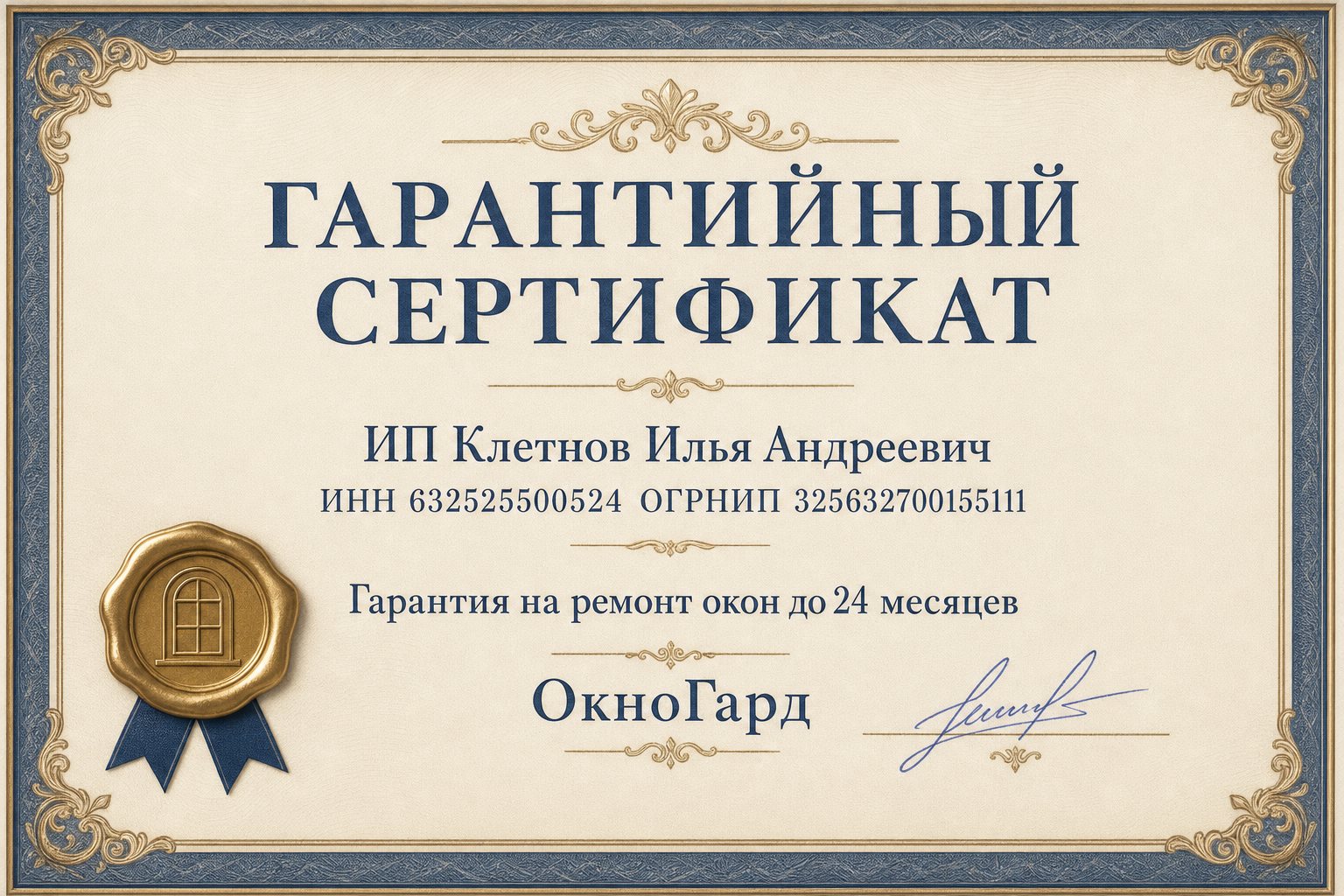 Гарантийный сертификат ОкноГард — ИП Клетнов Илья Андреевич, гарантия до 24 месяцев